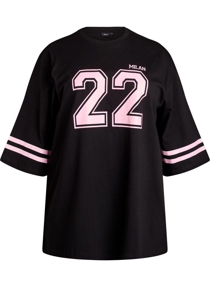 Oversized college T-shirt with 3/4 sleeves, Black, Packshot image number 0