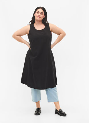 Sleeveless cotton dress with A-line cut, Black, Model image number 0