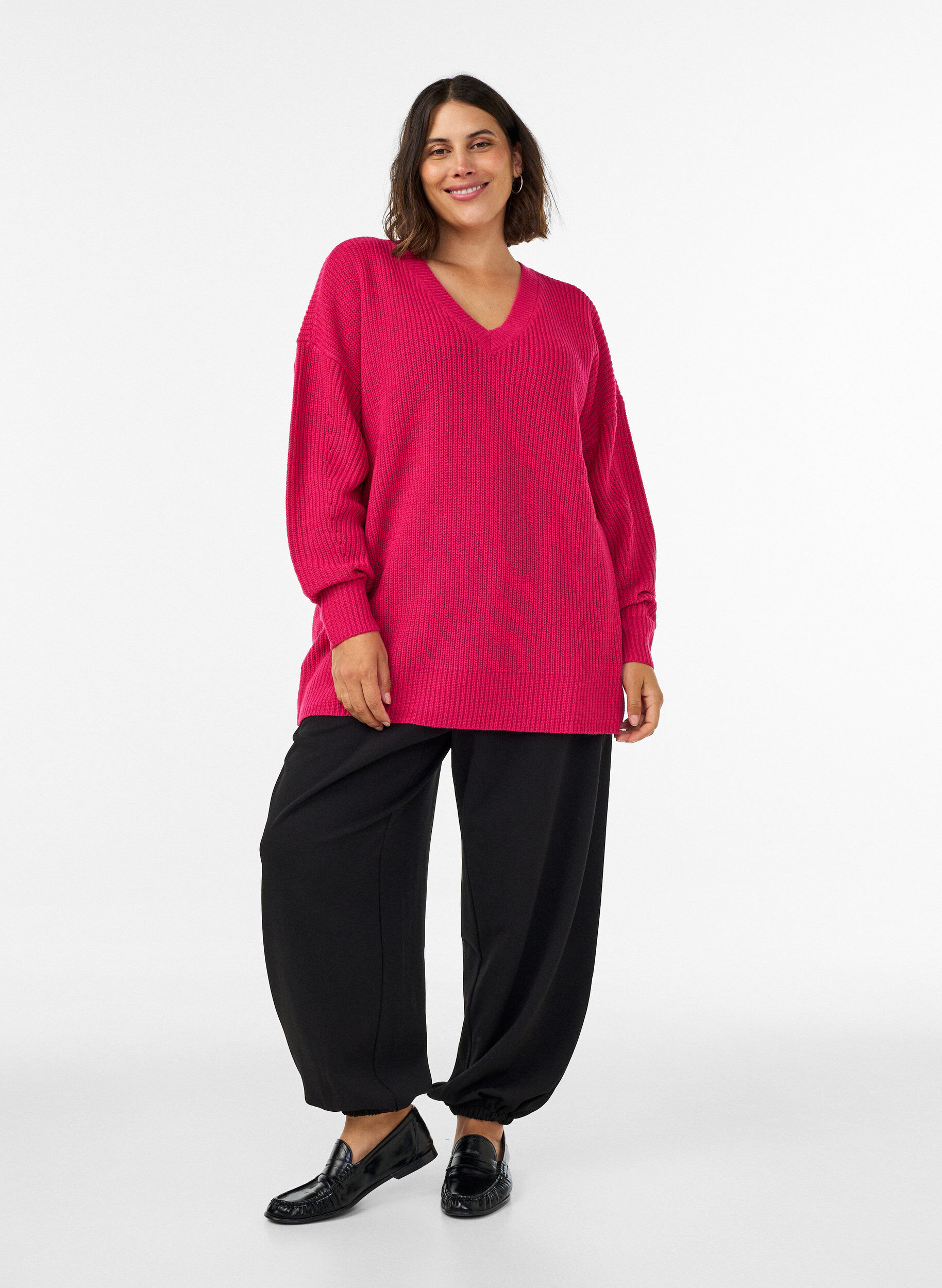 ZizzifashionLong rib-knit blouse with a V-neck, Pink, Model image number 1