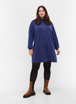 Sweat tunic with high neck and zip details, Medieval Blue, Model image number 2