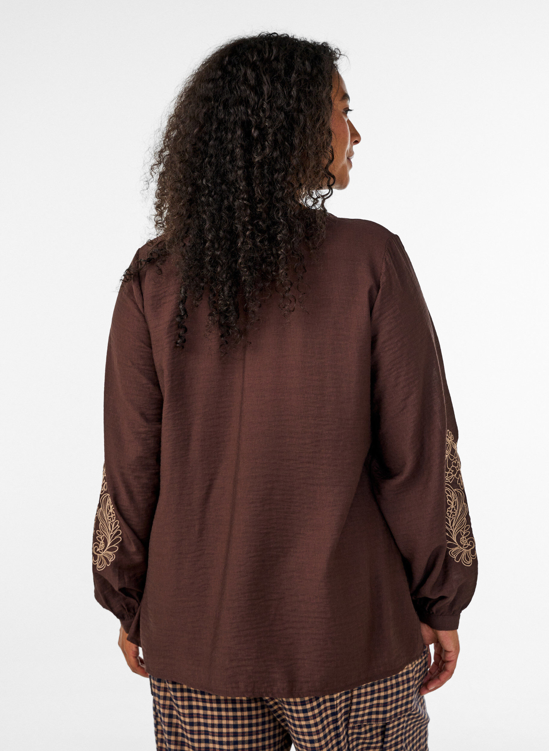 ZizzifashionViscose shirt with embroidered sleeves, Brown, Model image number 2