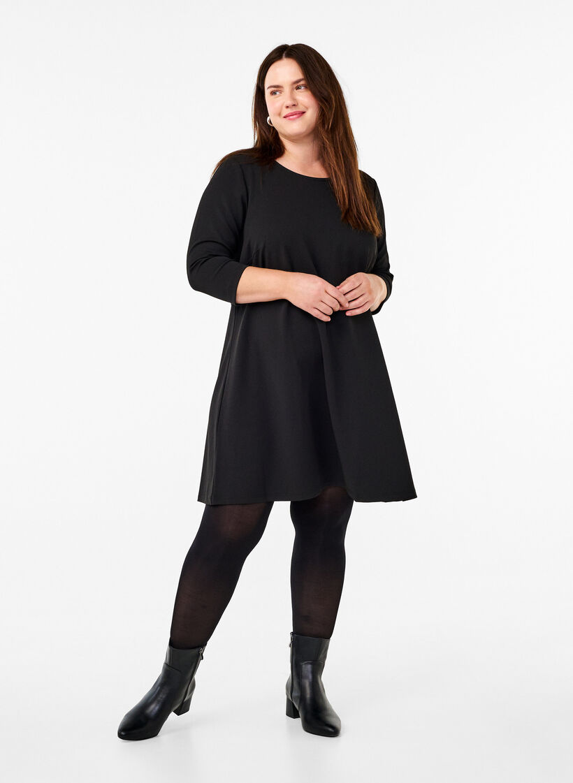 FLASH - Short dress with an A-line shape and 3/4 sleeves, Black, Model image number 1