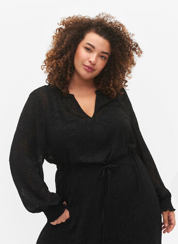 Long-sleeved midi dress in jacquard look, Black, Model image number 2