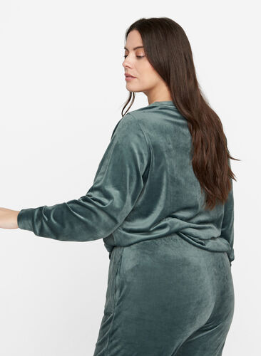 Long-sleeved velour blouse with tie detail, Balsam Green, Model image number 1