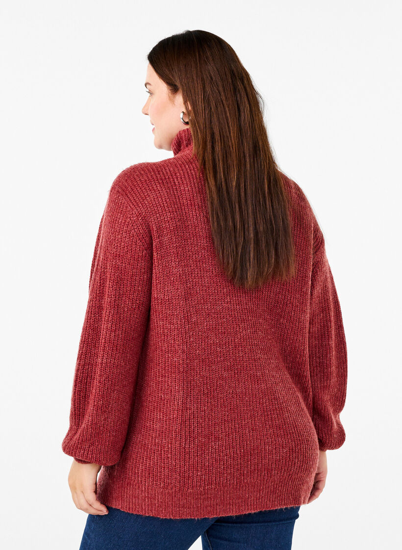 Knitted sweater with high neck and zipper, Red, Model image number 2