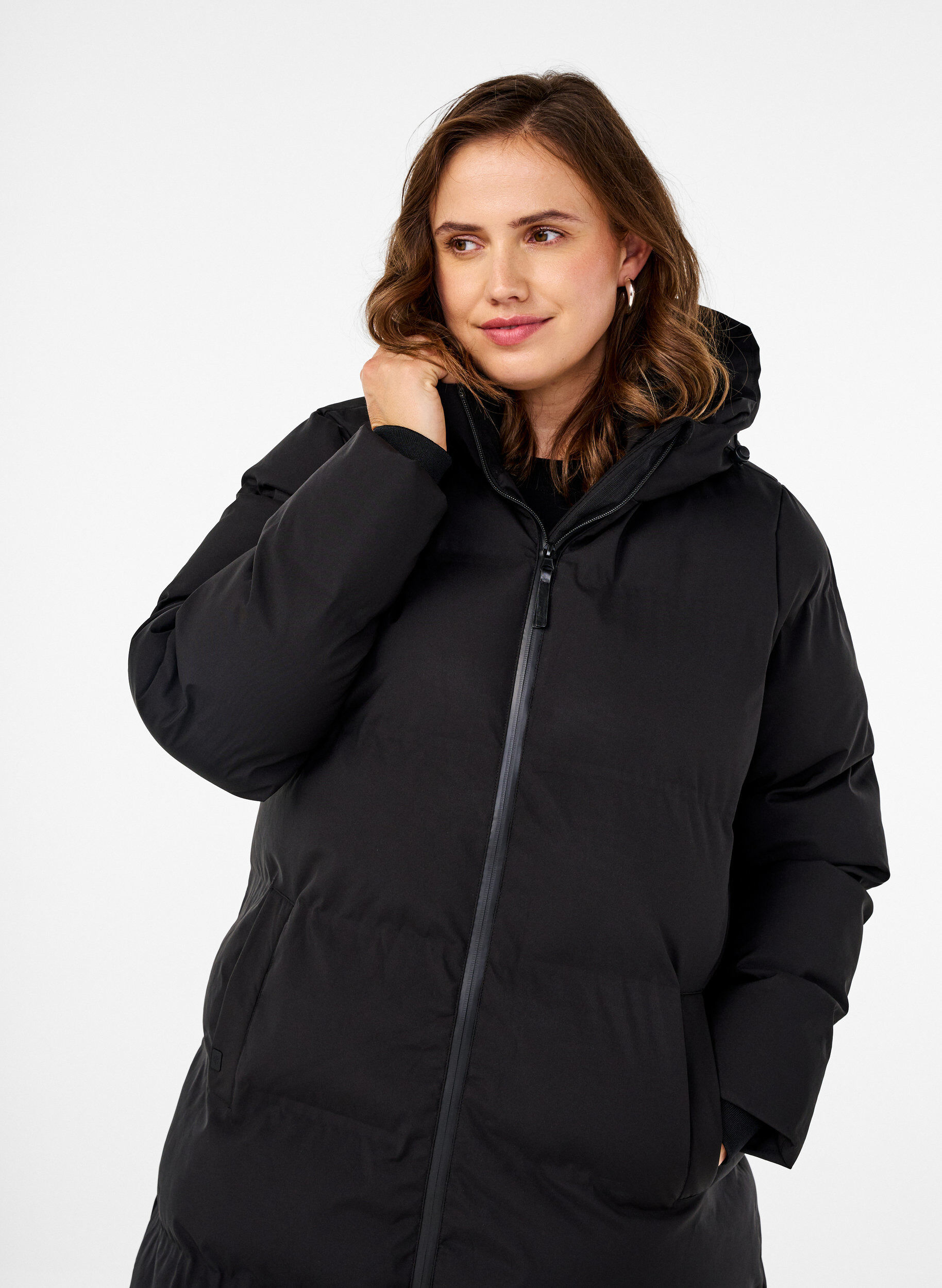 Zizzifashion Long puffer winter coat with hood, Black, Model image number 2
