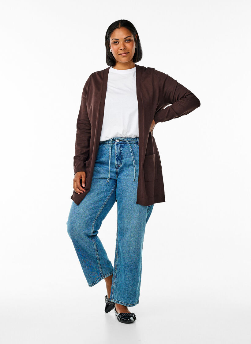 Long knitted cardigan in a viscose blend, Brown, Model image number 1