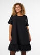 Short jersey dress with feather trim, Black, Model image number 0