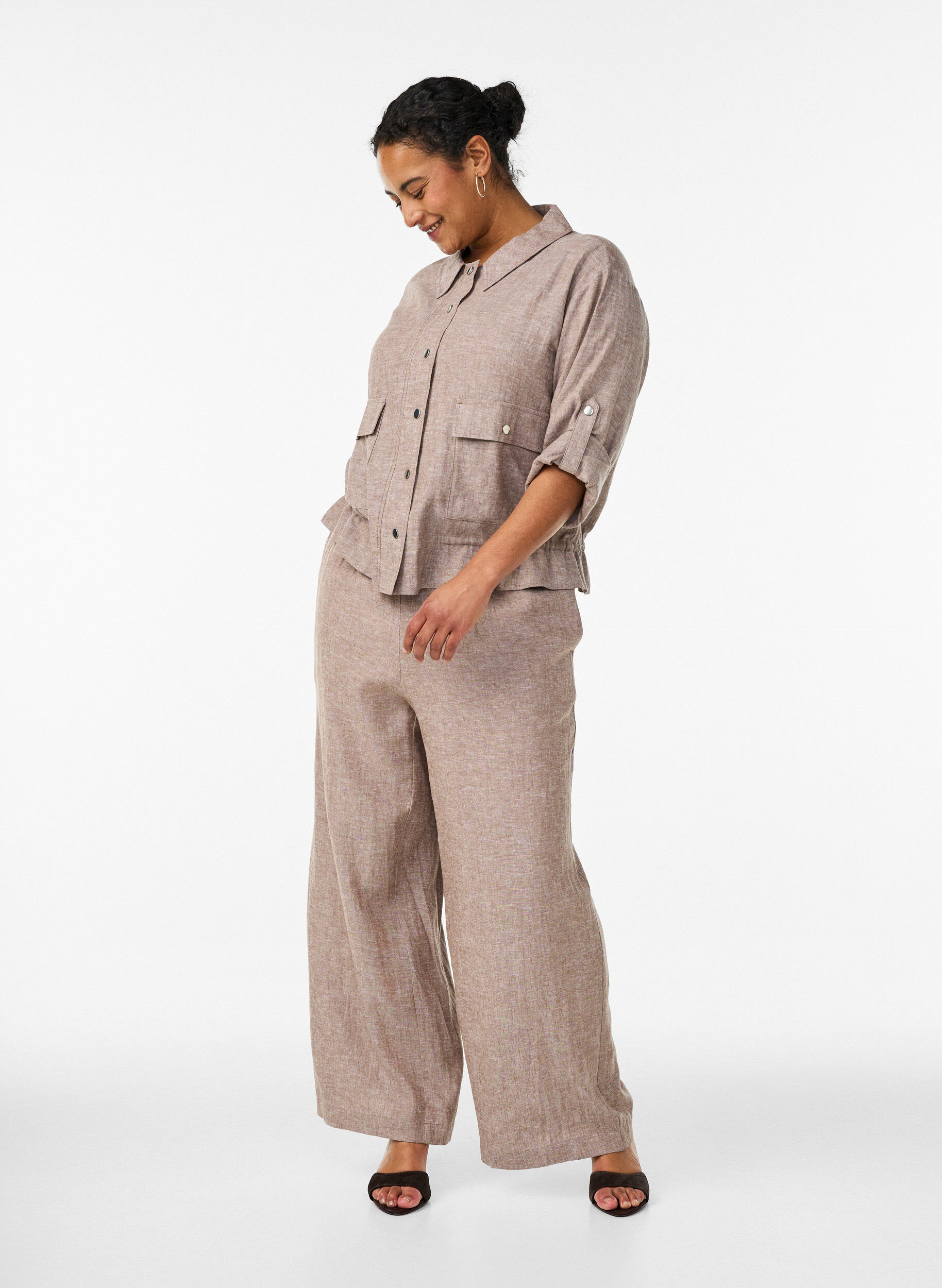 Zizzifashion Linen and viscose shirt blouse with an adjustable waist, Brown, Model image number 1