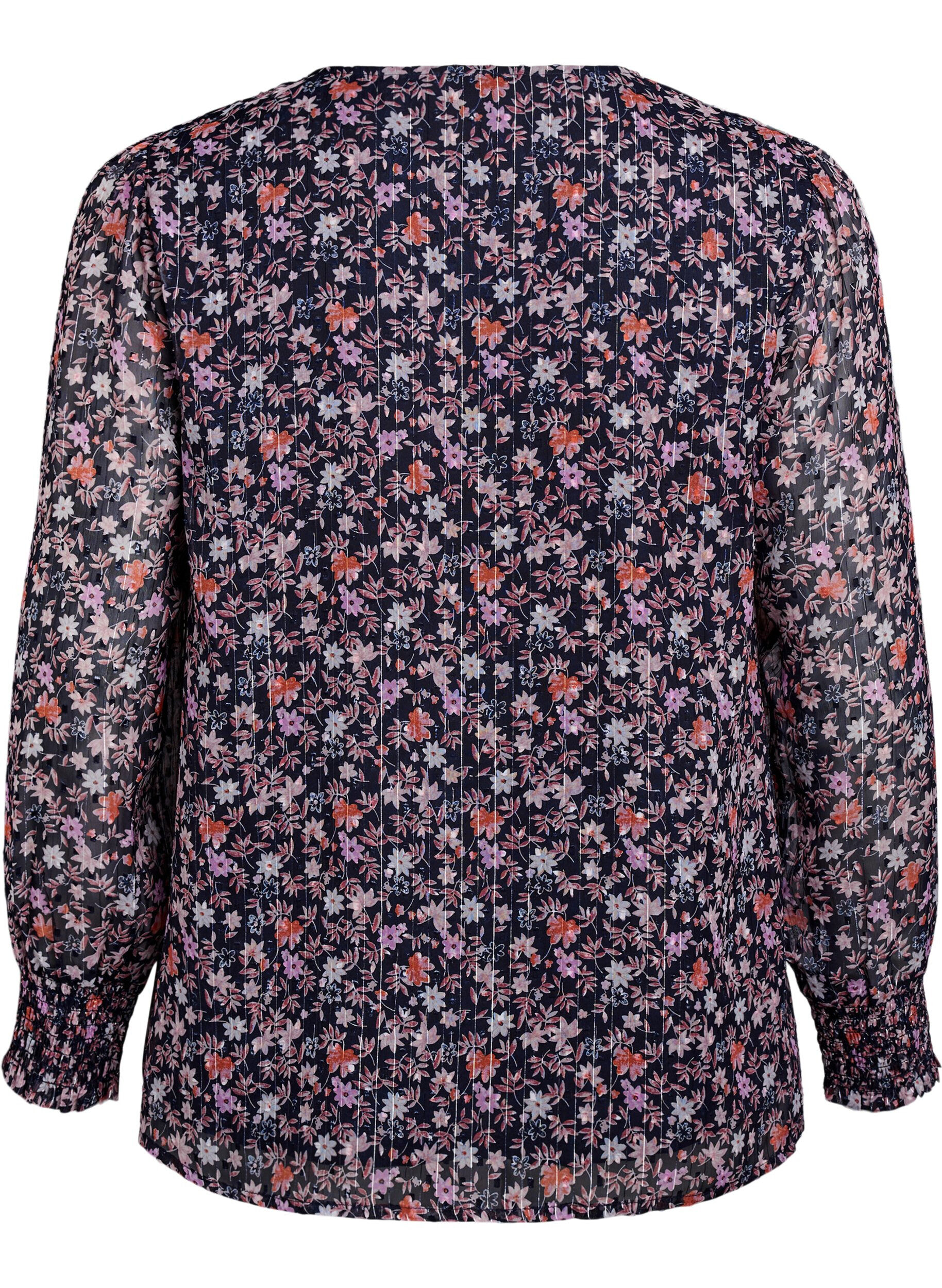ZizzifashionBlouse with floral print and glitter thread, Blue, Packshot image number 1