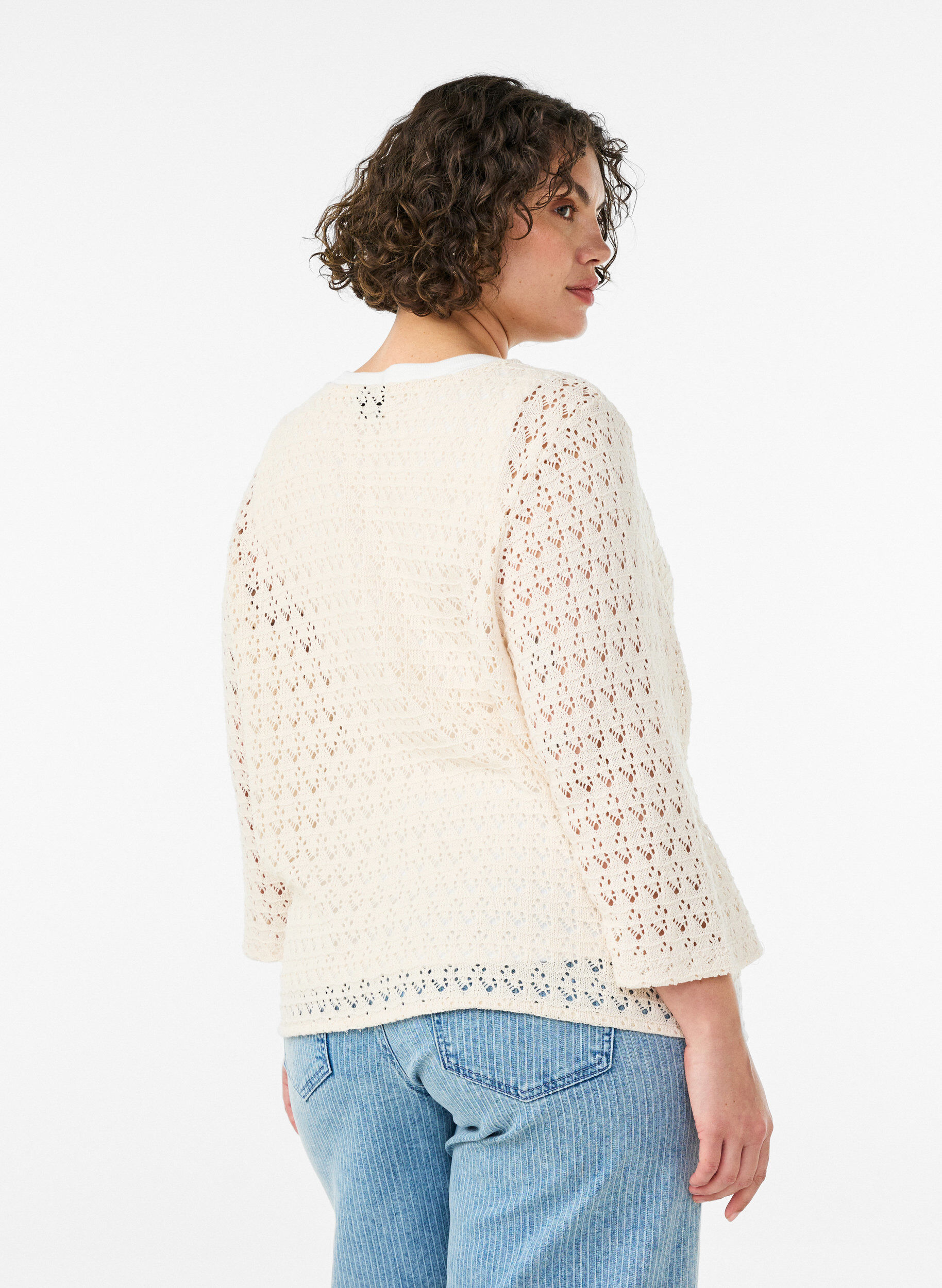 ZizzifashionKnitted cardigan with eyelet embroidery and a V-neck, Beige, Model image number 2