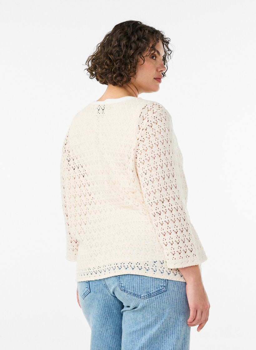Knitted cardigan with eyelet embroidery and a V-neck, Beige, Model image number 2