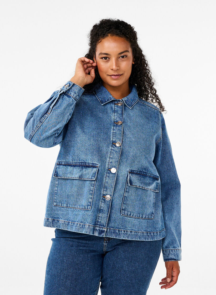 Denim shirt jacket with pockets, Blue Denim, Model image number 0