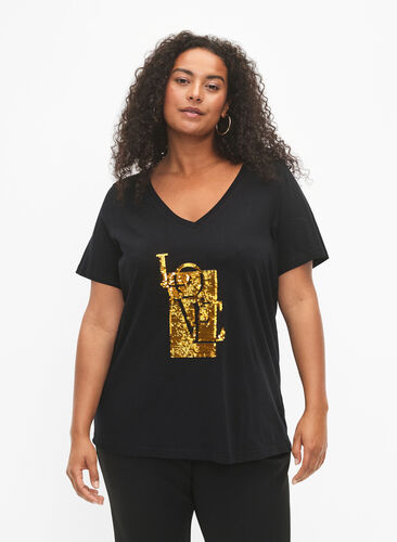 Cotton t-shirt with sequins, Black w. Love, Model image number 0