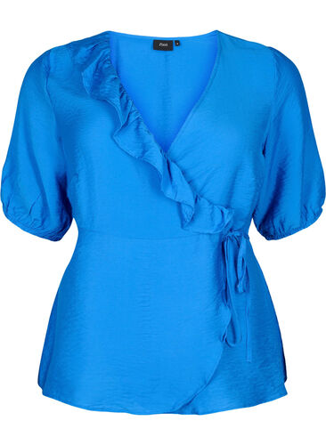 Wrap blouse in viscose with 1/2 sleeves, Olympian Blue, Packshot image number 0