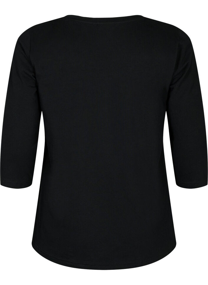 Basic cotton t-shirt with 3/4 sleeves, Black, Packshot image number 1