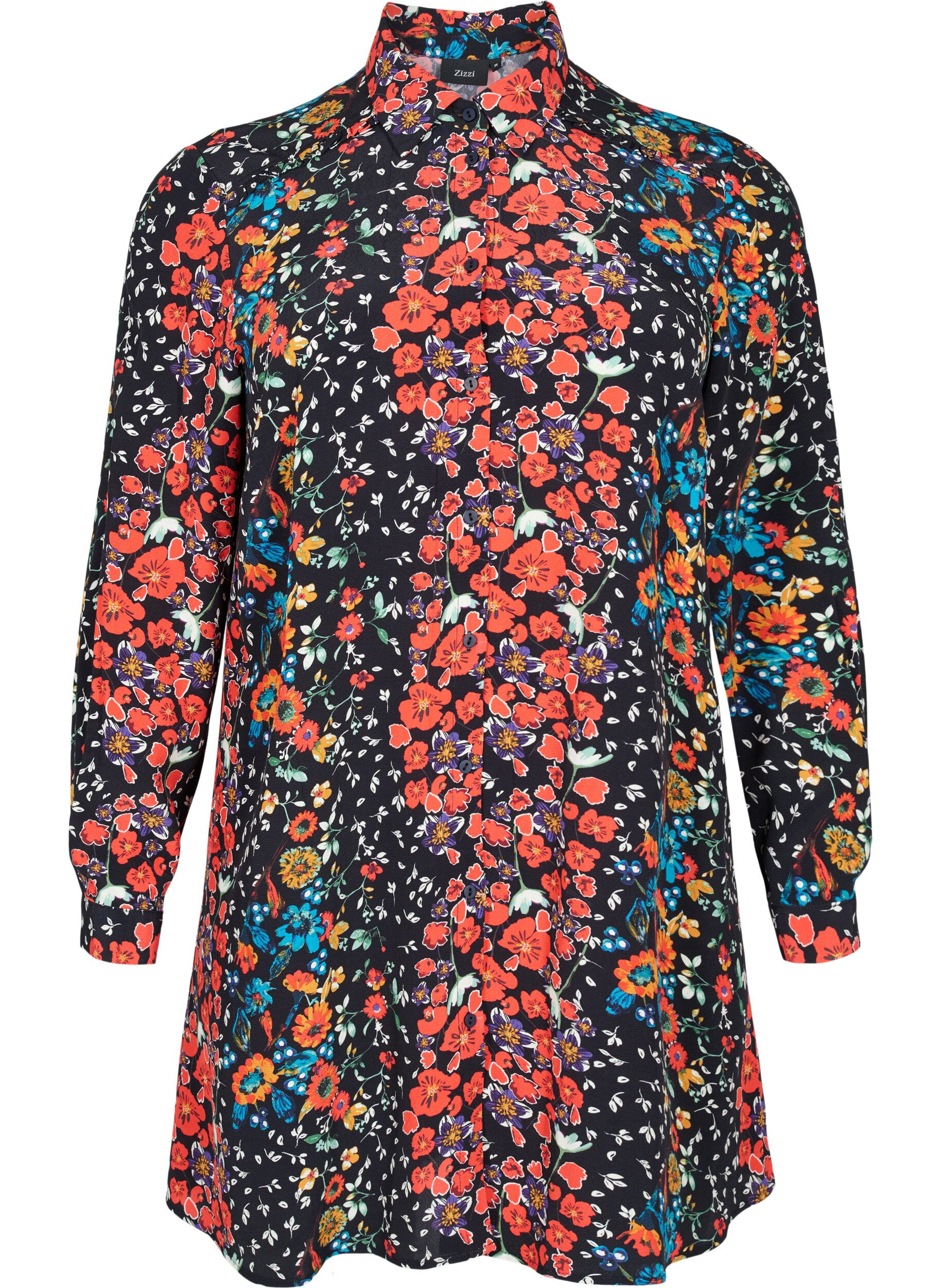 Zizzifashion Long viscose shirt in floral print, Black Flower, Packshot image number 0