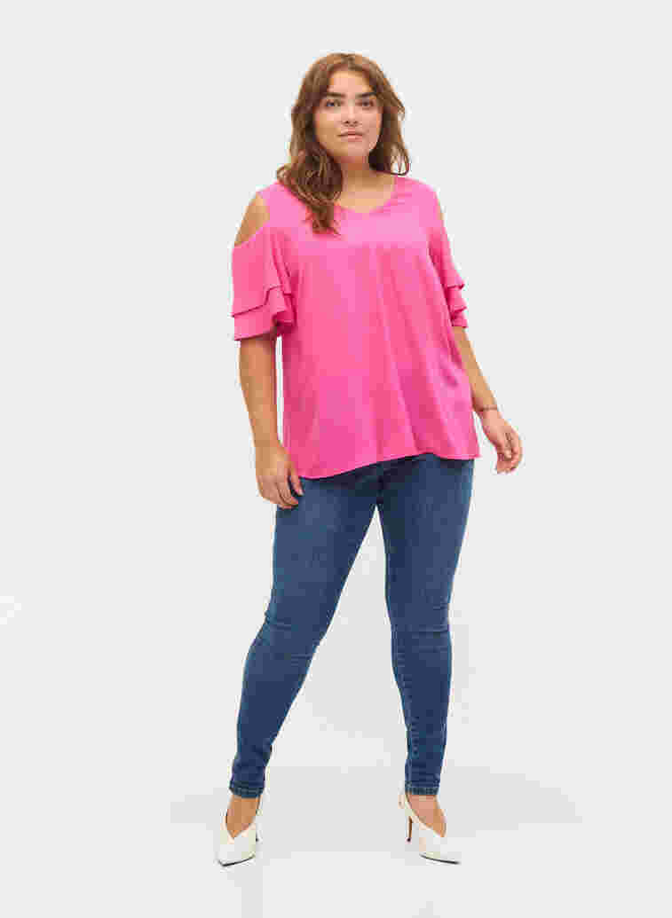 Short sleeved blouse in viscose, Fuchsia Purple, Model image number 2