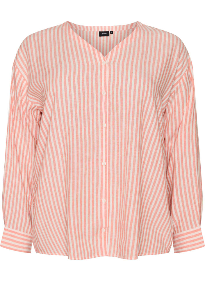 Blouse in linen and viscose with V-neck, Coral, Packshot image number 0