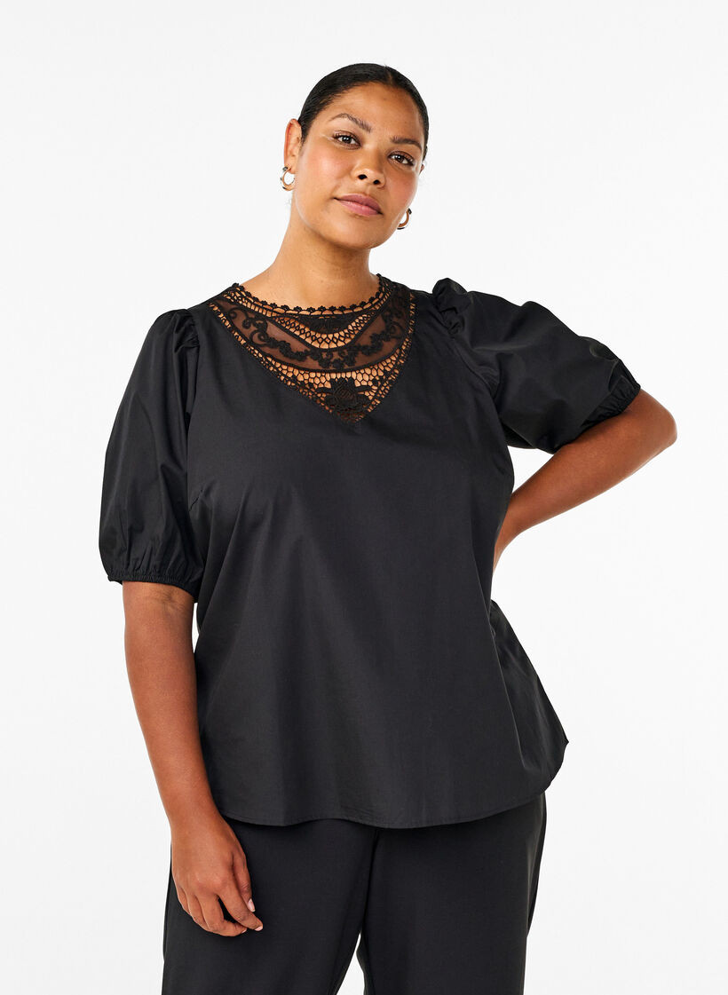 Short-sleeved blouse with lace detail, Black, Model image number 0