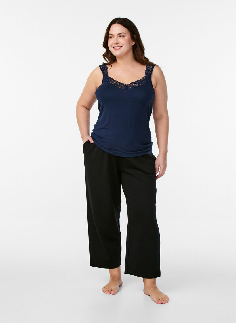 Viscose top with lace trim, Blue, Model image number 1