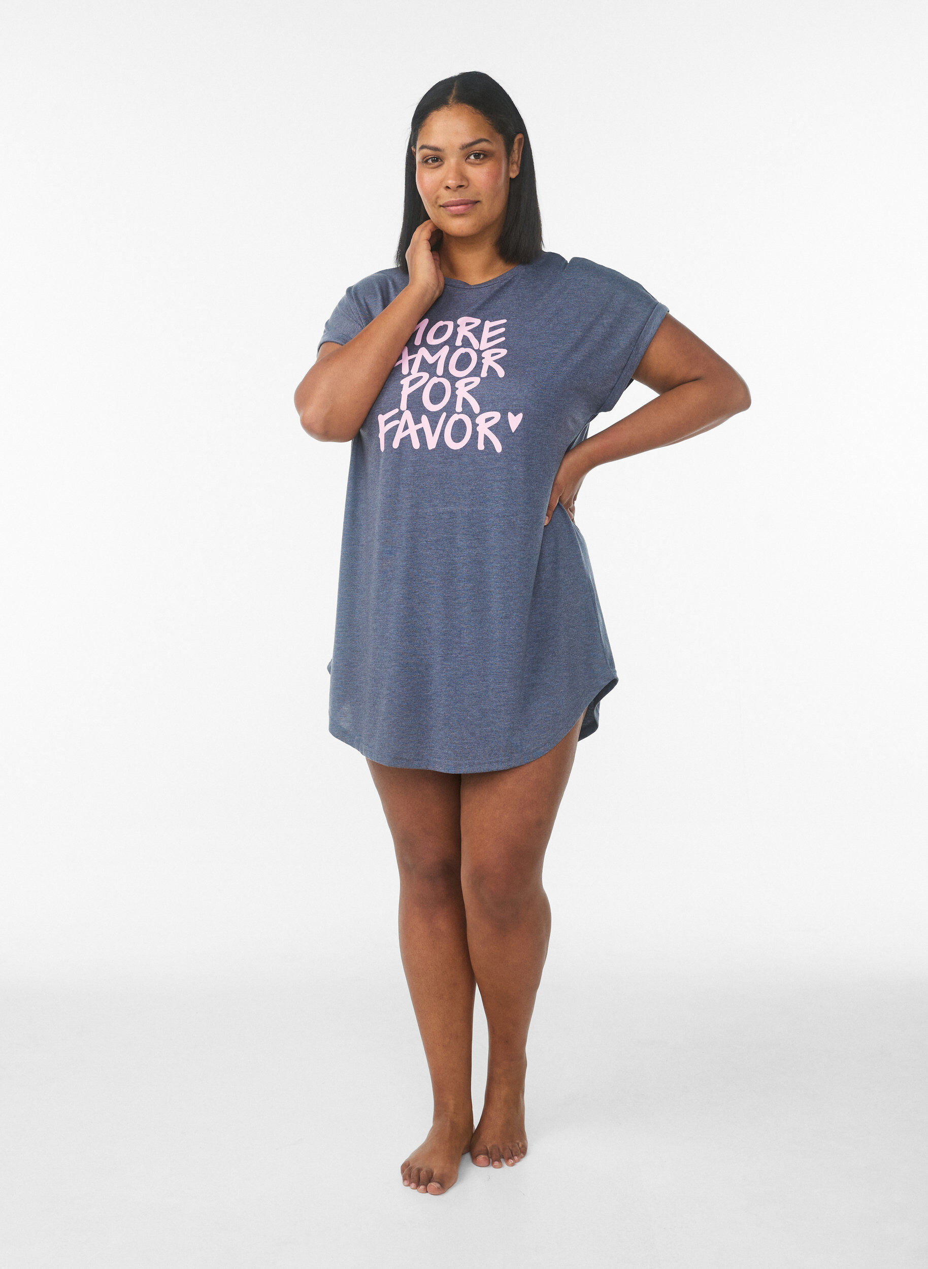 ZizzifashionShort sleeve nightgown with text print, Grey, Model image number 1
