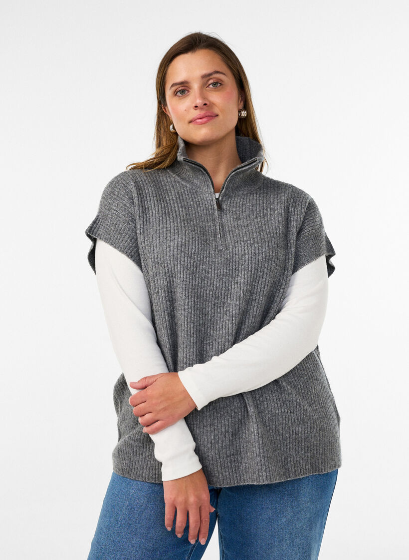 Knitted vest with a high collar and short zip, Grey, Model image number 0