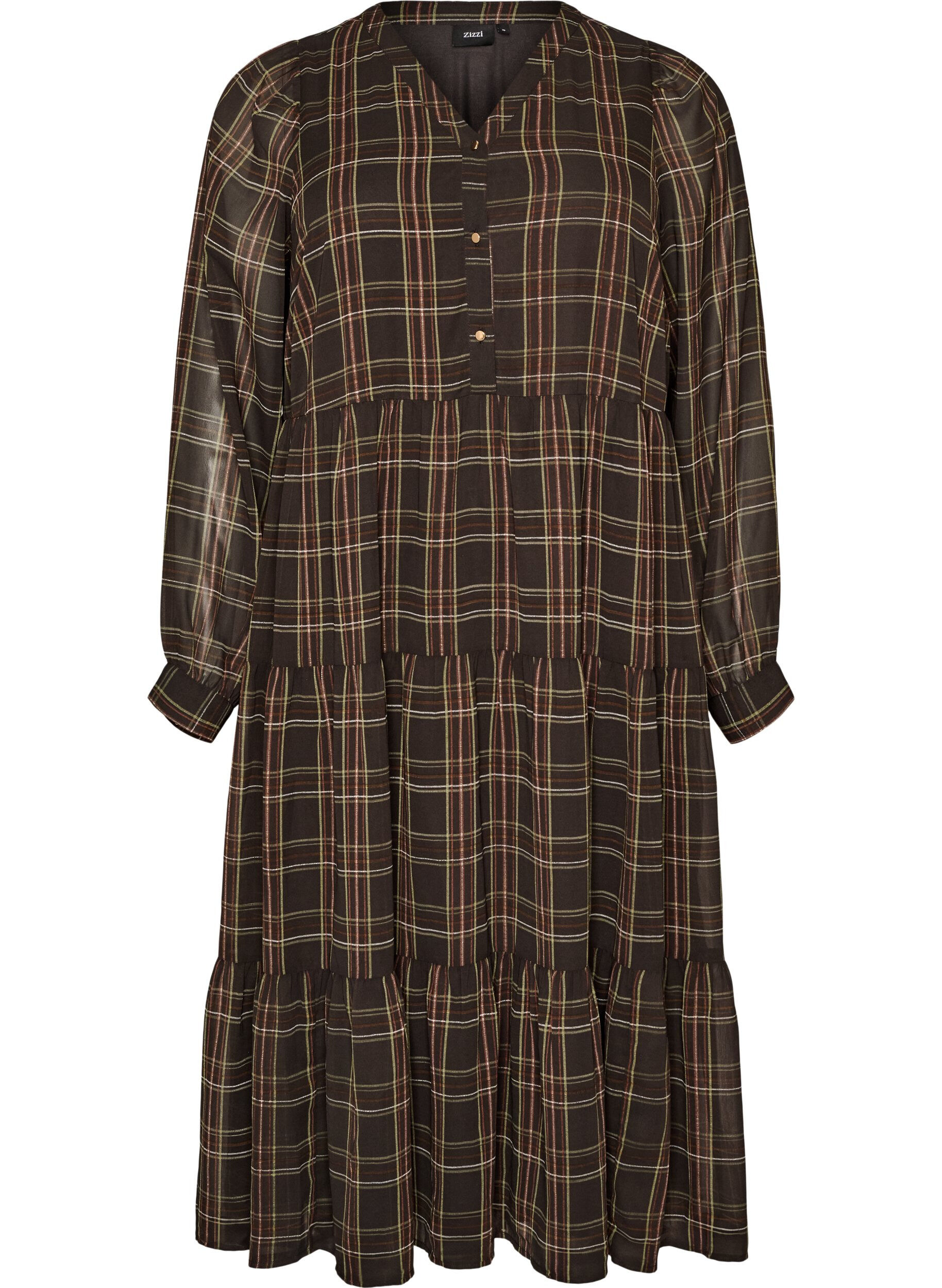Checked midi dress with a tiered skirt