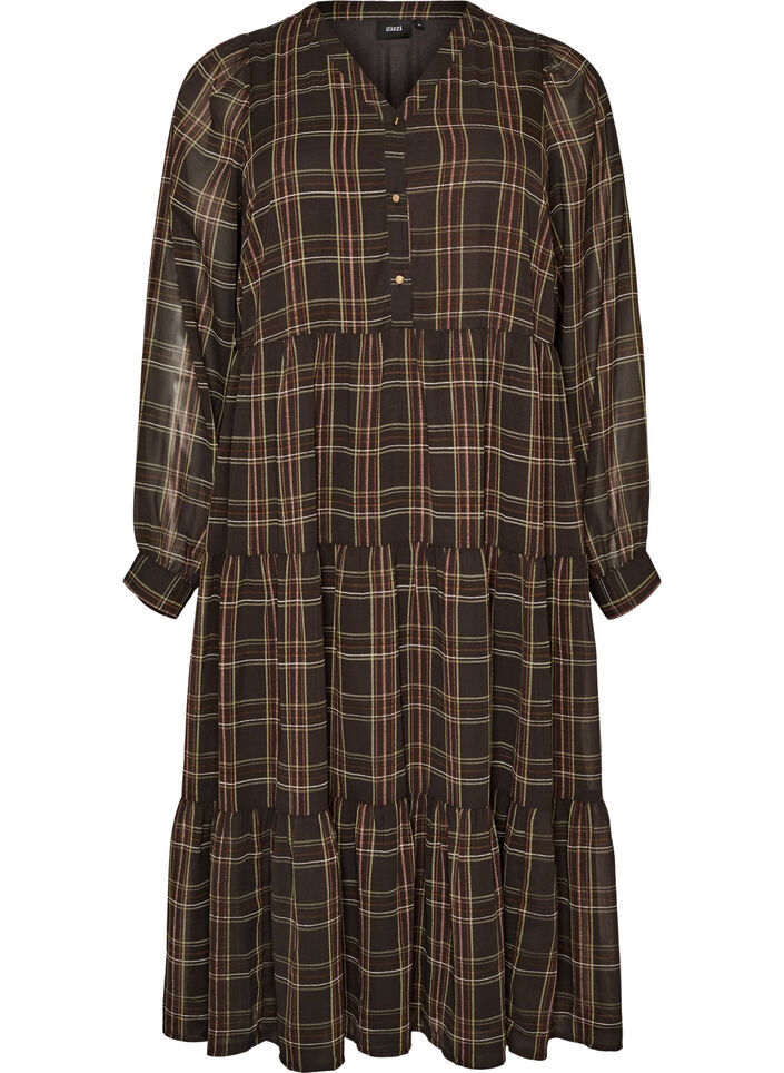 Checked midi dress with a tiered skirt, Brown, Packshot image number 0