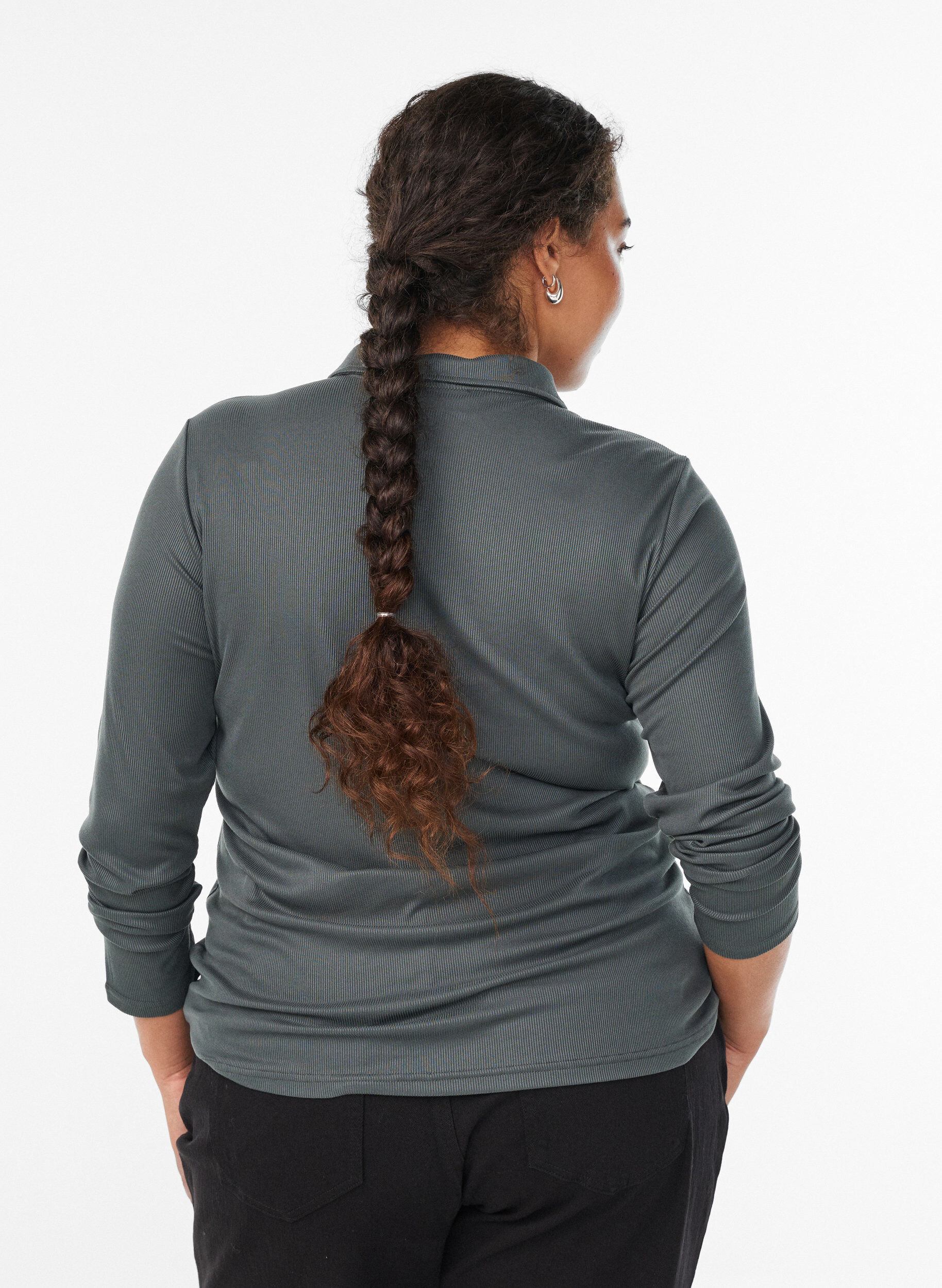 Zizzifashion Polo shirt in soft rib with long sleeves, Green, Model image number 2