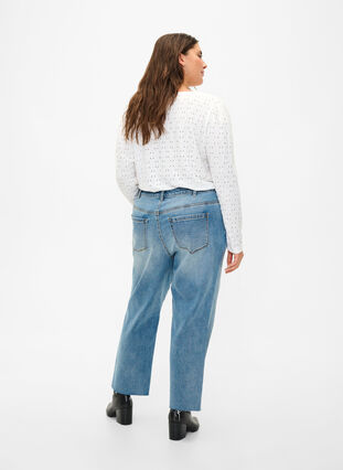 7/8 jeans with raw hems and high waist, Light blue denim, Model image number 1