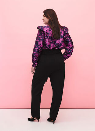 High-waisted trousers with ruffles and tie string, Black, Model image number 1