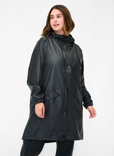 Rain jacket with hood and button fastening, Black, Model image number 0