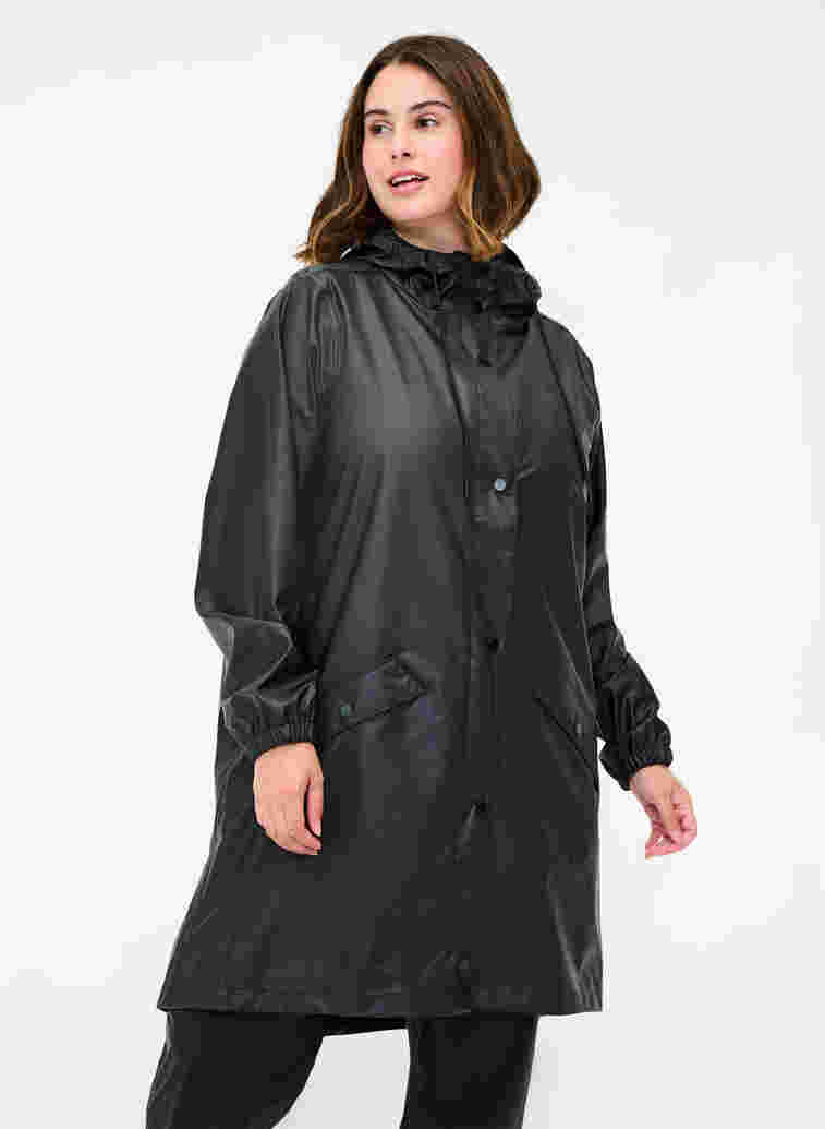 Rain jacket with hood and button fastening, Black, Model