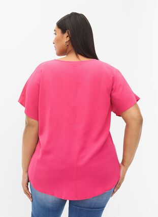 Blouse with short sleeves and a round neckline, Raspberry Sorbet, Model image number 1