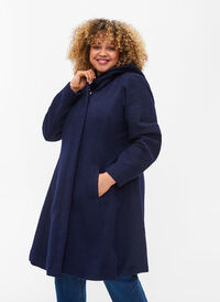 Coat with a hood and A-line cut, Night Sky Mel., Model