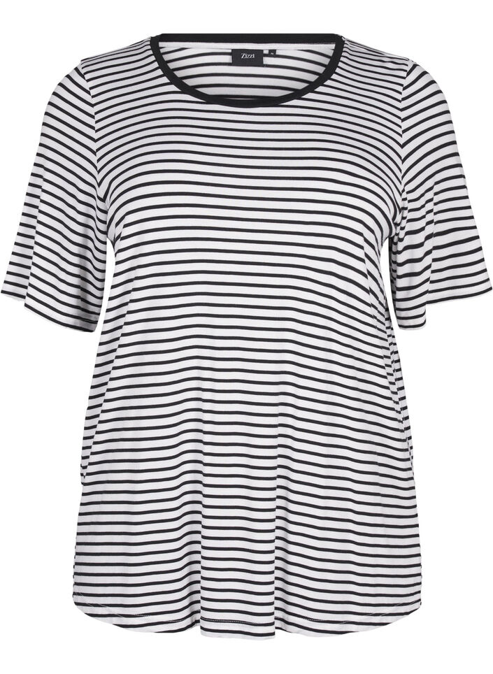 Striped T-shirt in lyocell with round neck, Black, Packshot image number 0