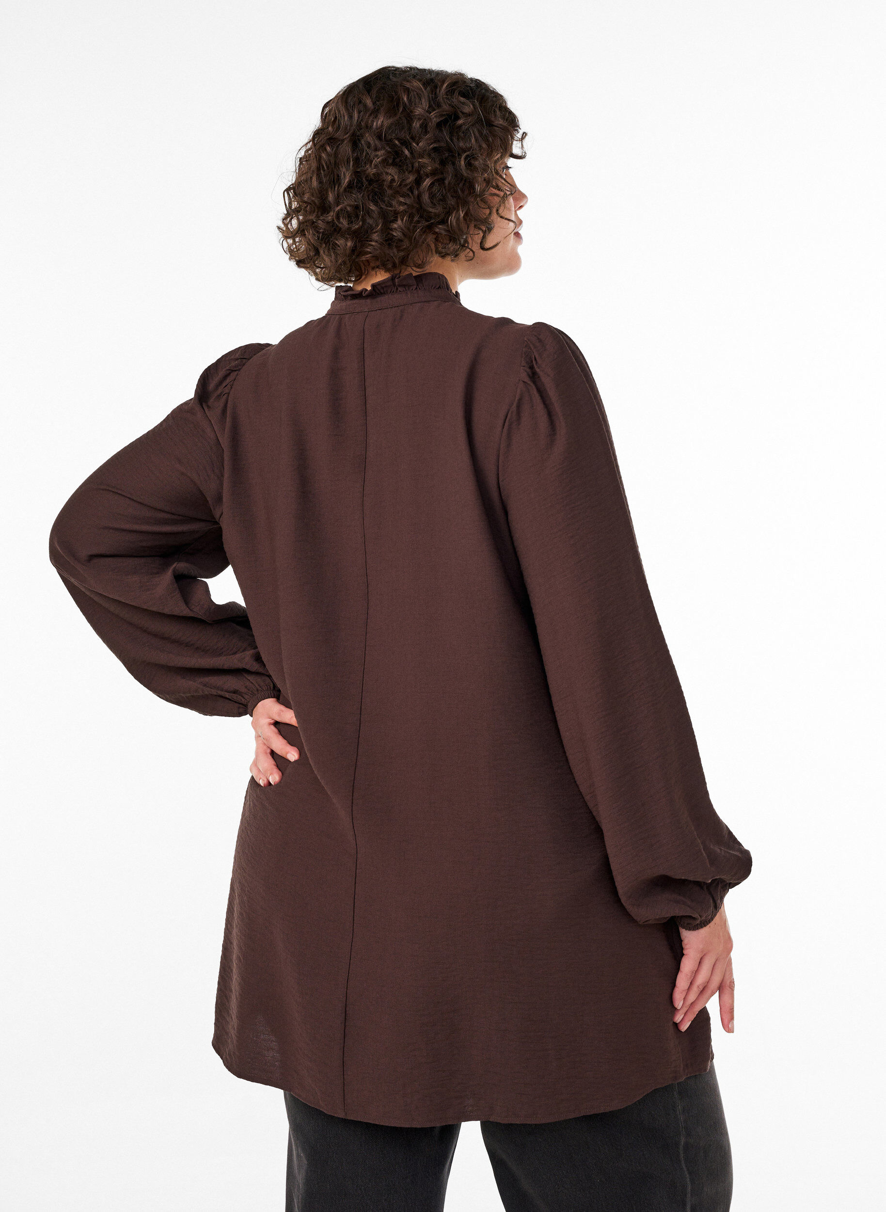 ZizzifashionViscose tunic with ruffles and buttons, Brown, Model image number 2