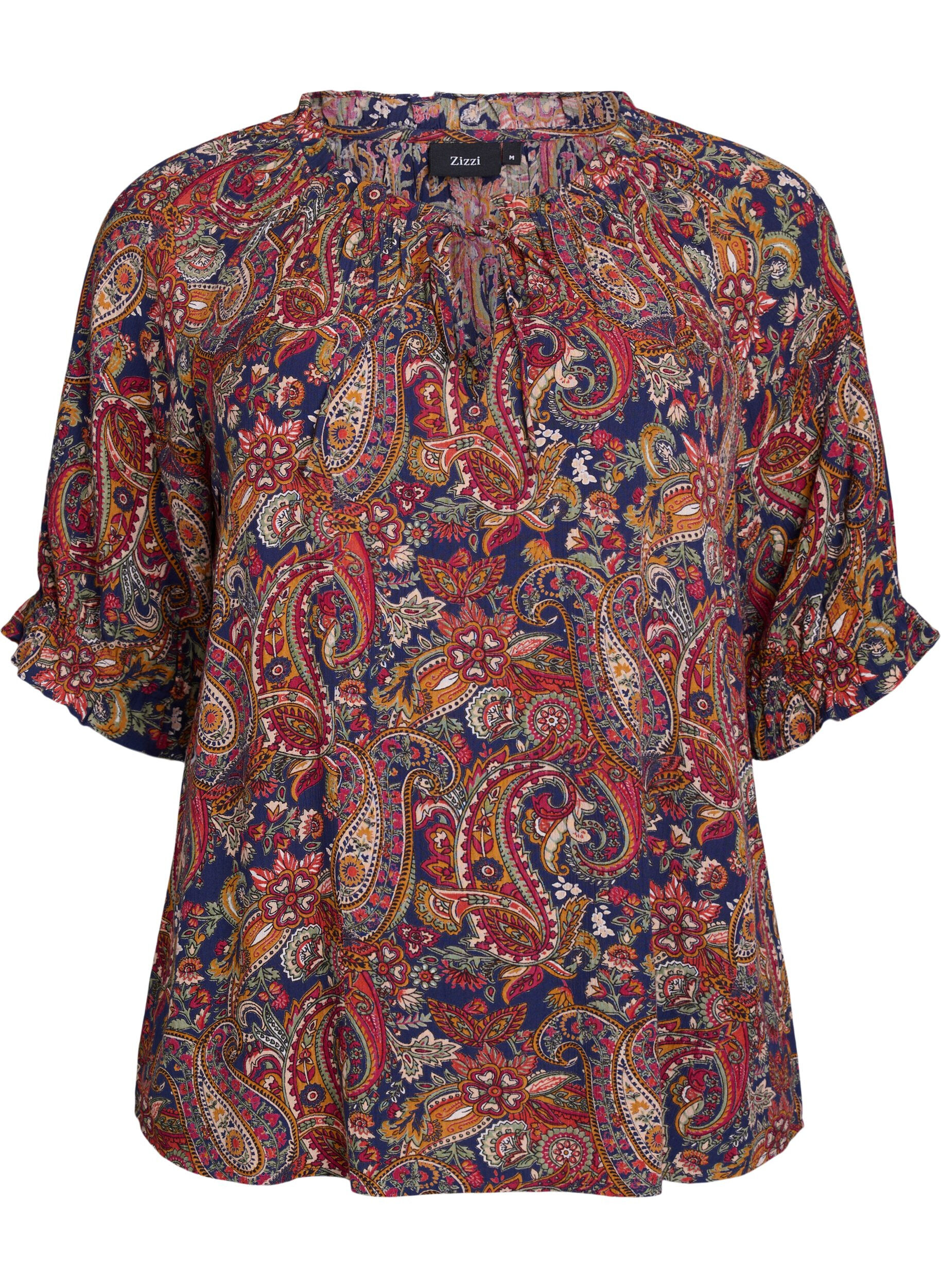 Zizzifashion Viscose blouse with paisley print and elbow length sleeves, Blue, Packshot image number 0
