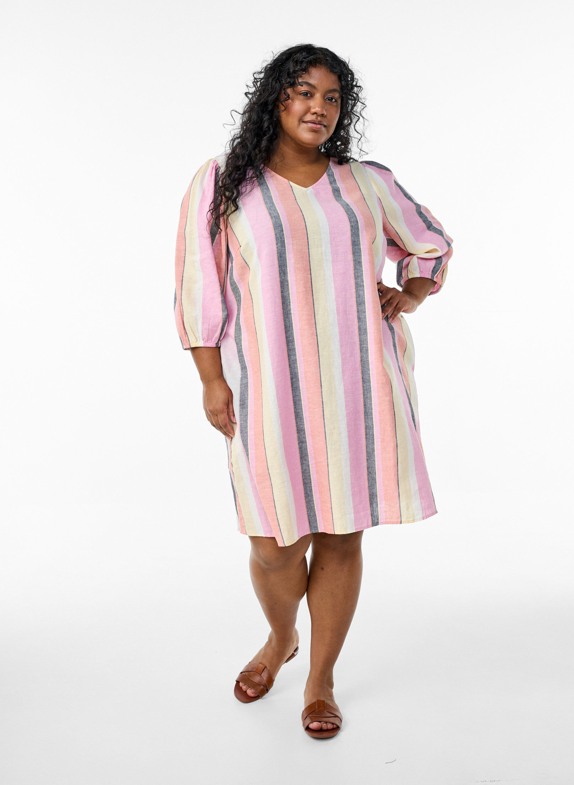 ZizzifashionShort dress in linen and viscose with 3/4 sleeves, Yellow, Model image number 1