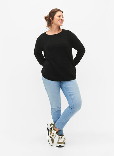 Knitted blouse with tone-on-tone stripes, Black, Model image number 2