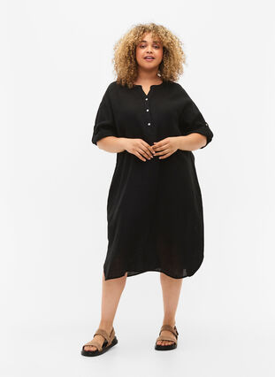 Short-sleeved dress in 100% linen, Black, Model image number 2