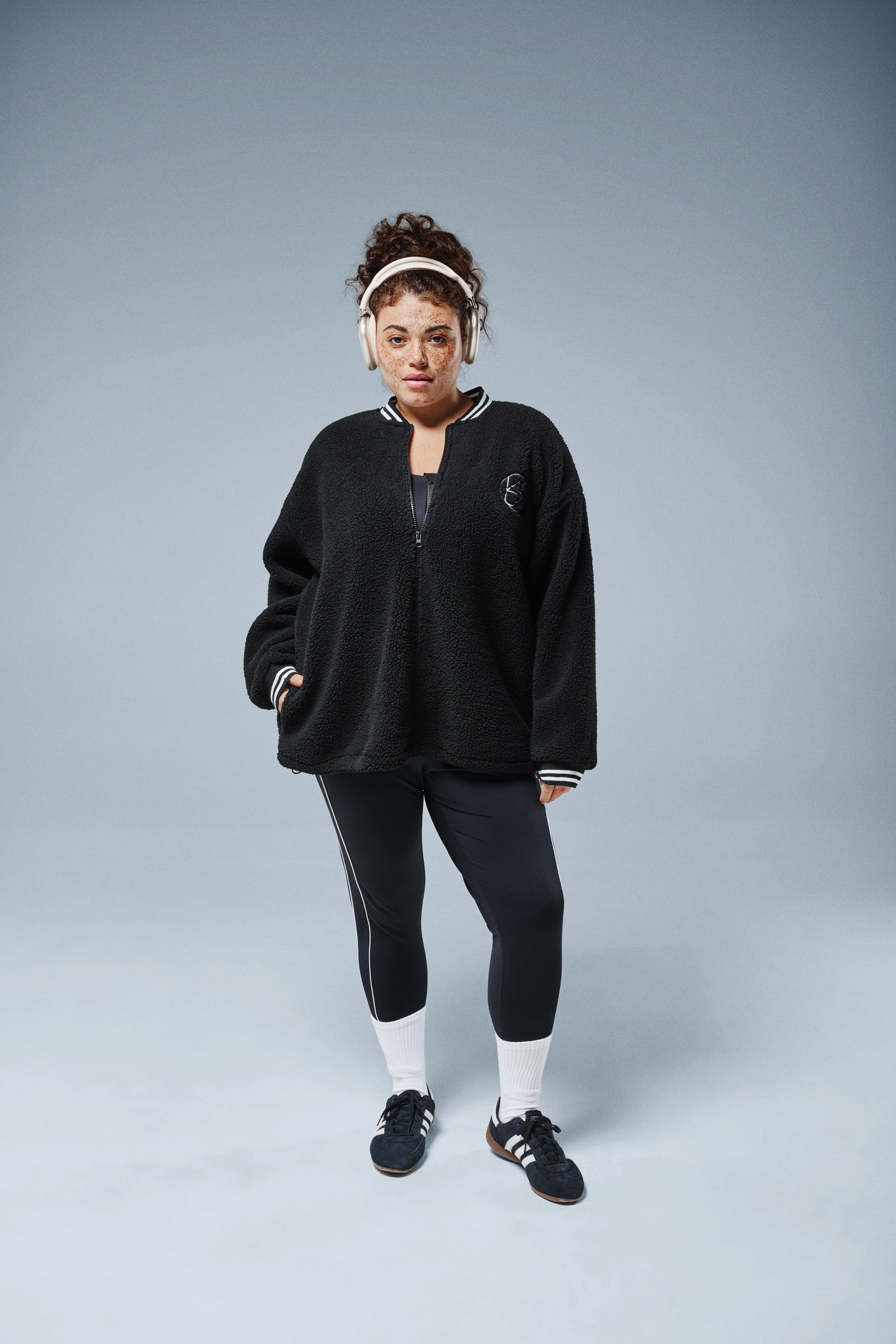 Teddy fleece jacket with striped details, , Model