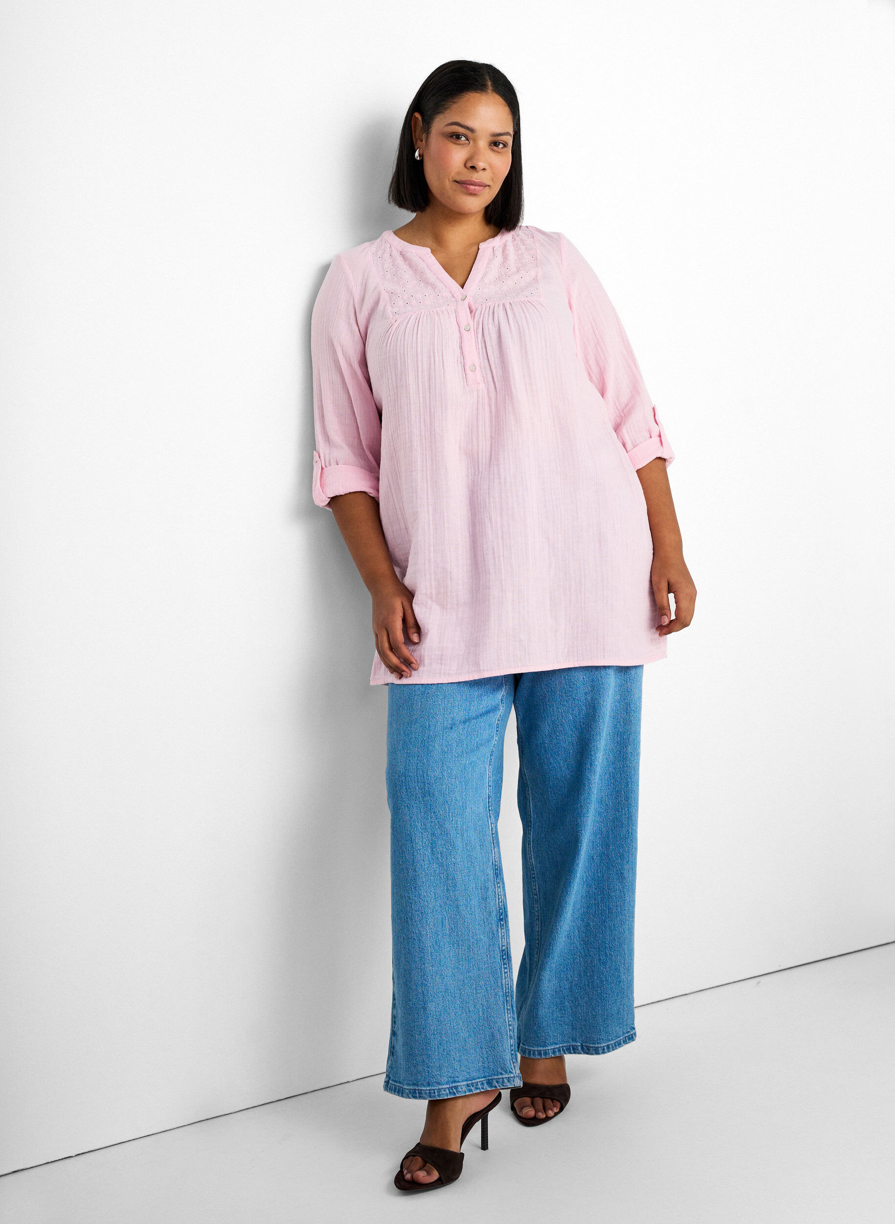 Cotton muslin tunic with broderie anglaise