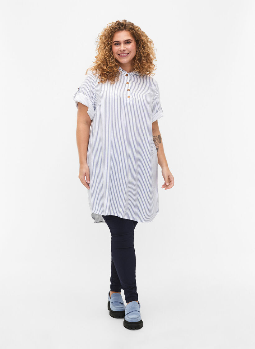 Short-sleeved viscose tunic with hood, Blue White Stripe, Model image number 2