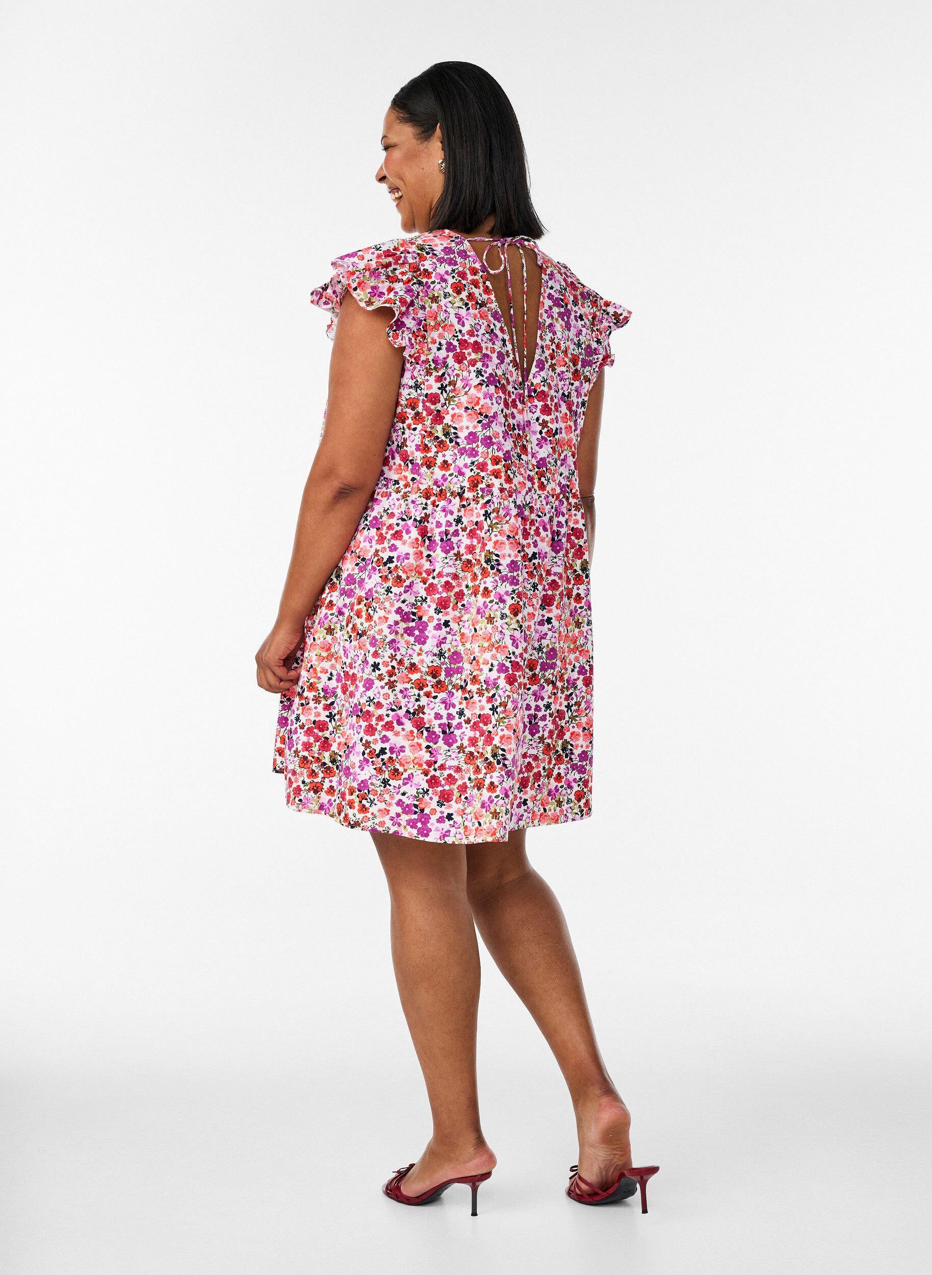 ZizzifashionFloral cotton dress with ruffles and V-neck, Pink, Model image number 2
