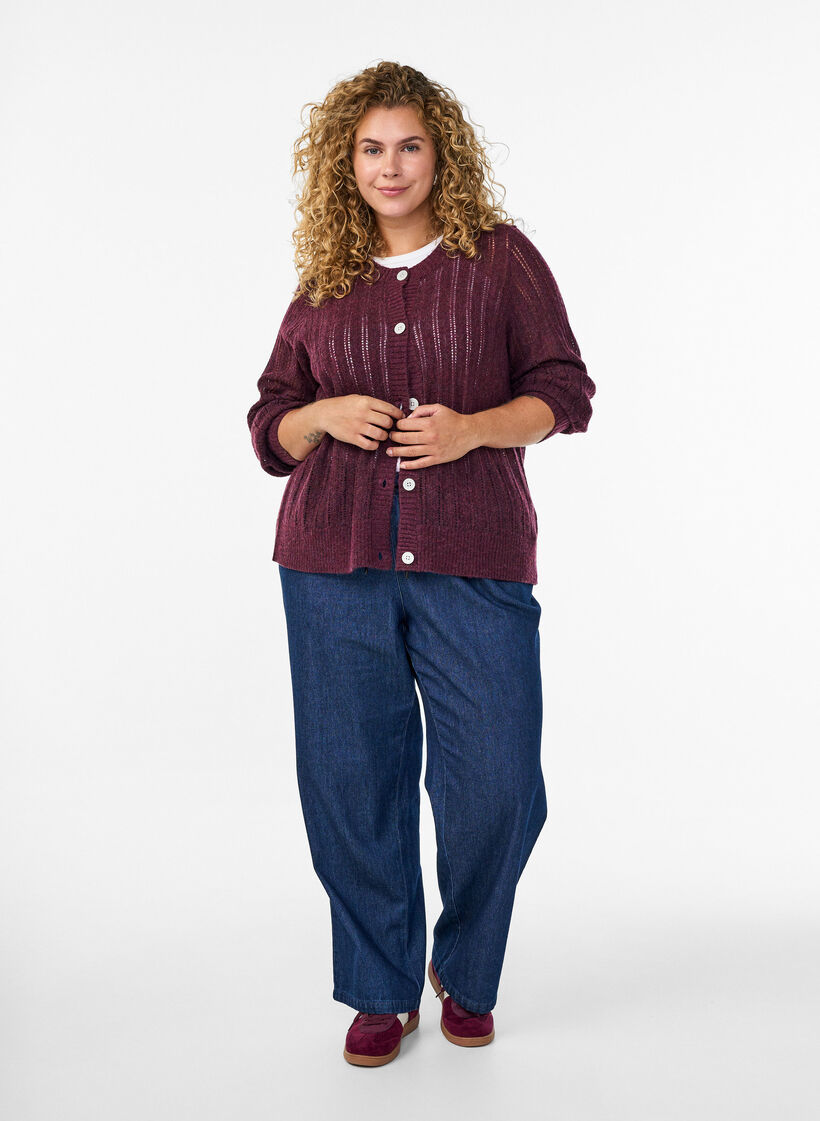 Knitted cardigan with openwork pattern, Dark Bordeaux, Model image number 1