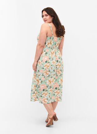 Floral viscose strap dress with smocking, Green Flower, Model image number 1
