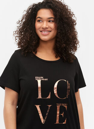 	 Short sleeve cotton t-shirt with print, Black W. Love , Model image number 2