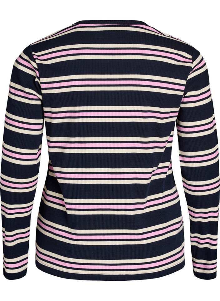 Long-sleeved night top in ribbed jersey with stripes, Blue, Packshot image number 1